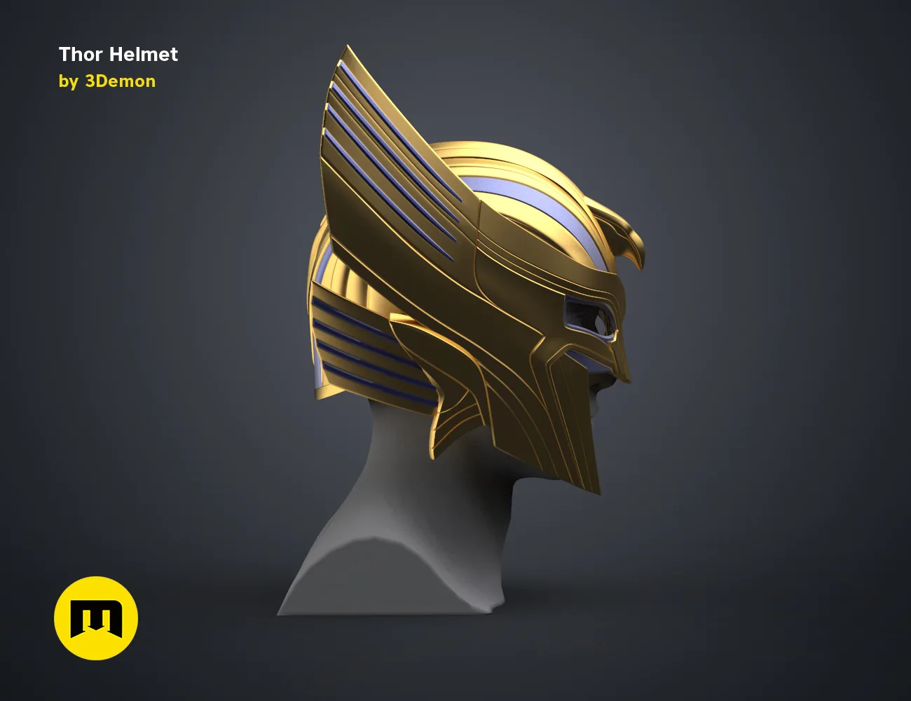 3D model render of Thor Helmet Love and Thunder, golden side view, 3D print cosplay prop