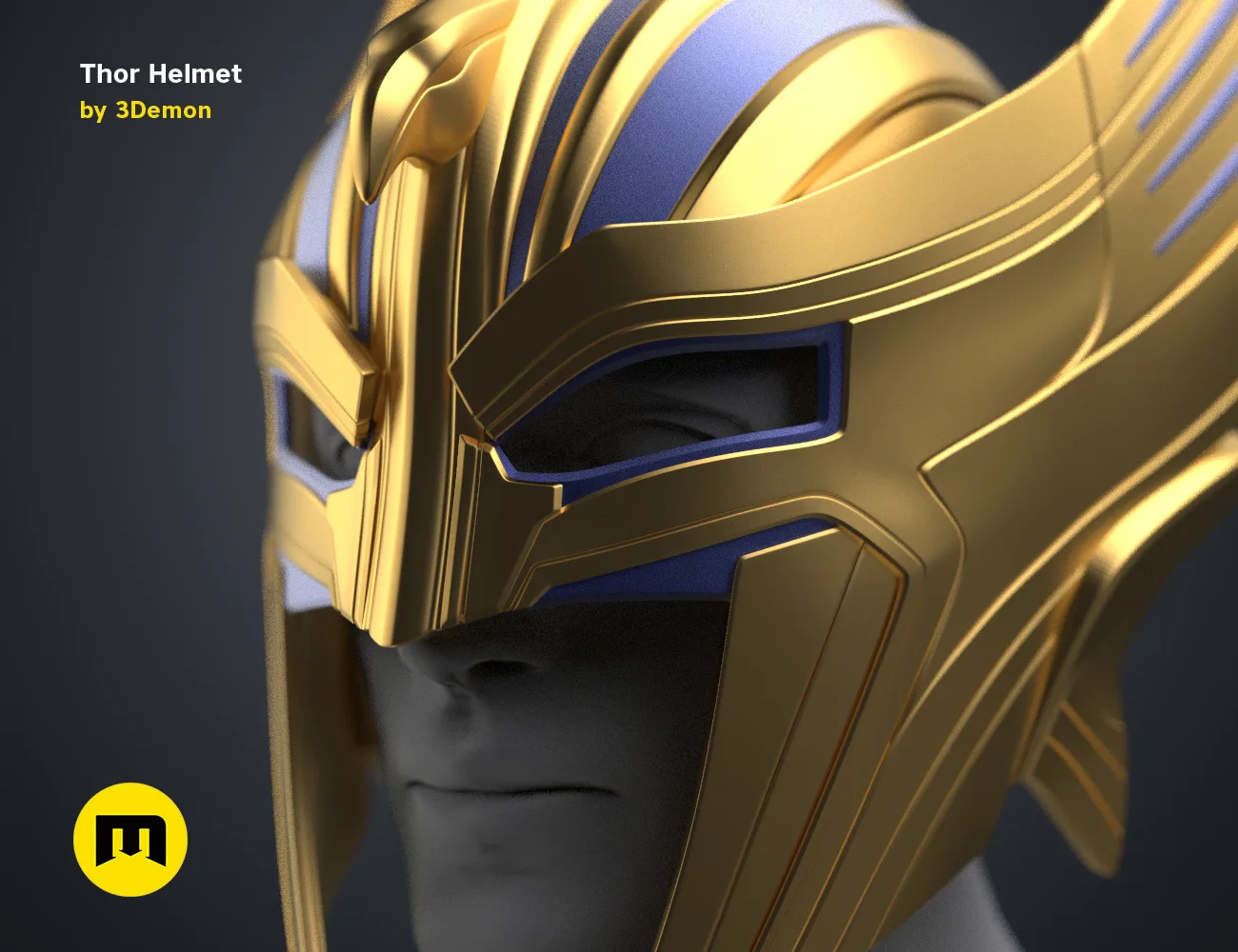 3D model render of Thor Helmet (Love and Thunder), golden CGI render, 3D print cosplay prop
