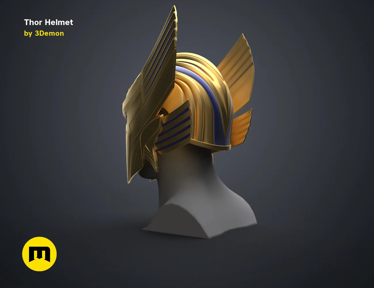 3D model render of Thor Helmet Love and Thunder, gold and blue metallic armor, side view 3D print cosplay prop