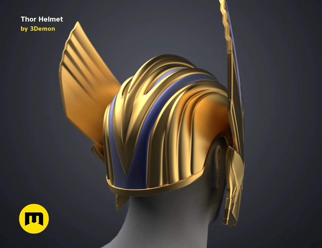 3D visualization of Thor Helmet Love and Thunder, gold armor with winged sides, 3D print cosplay prop