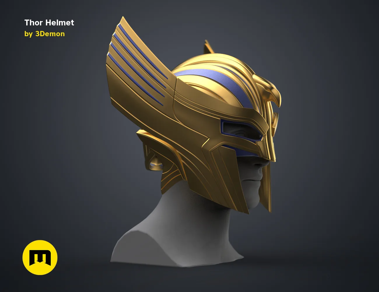 3D model render of Thor Helmet (Love and Thunder), golden CGI render, side view cosplay prop