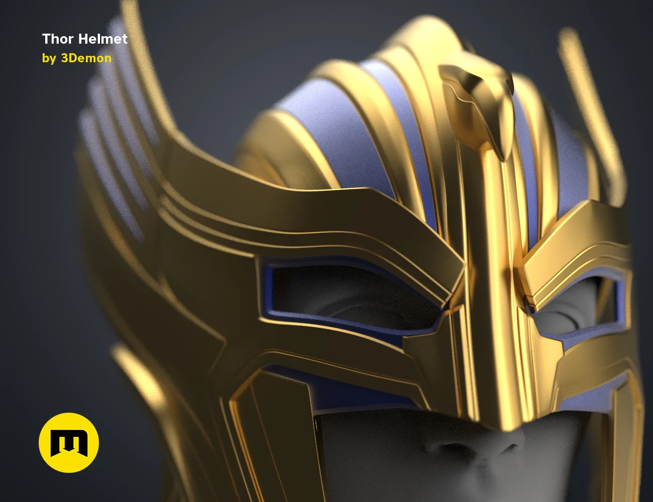 3D visualization of Thor Helmet Love and Thunder, golden armor with curved horns, 3D print cosplay prop