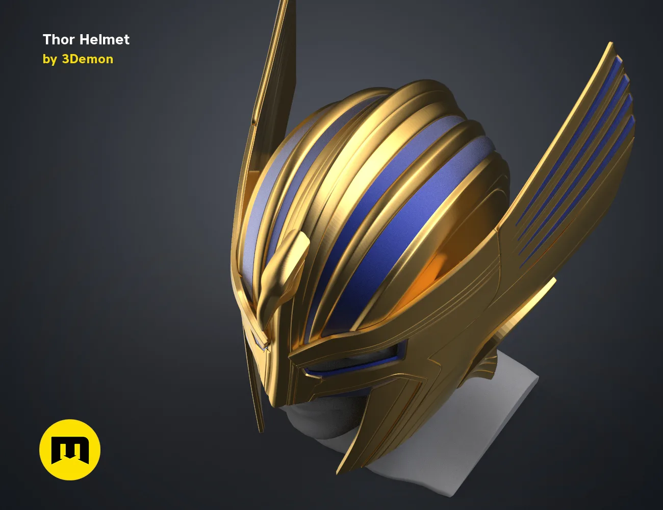 3D visualization of Thor Helmet (Love and Thunder), golden CGI render, Marvel cosplay prop