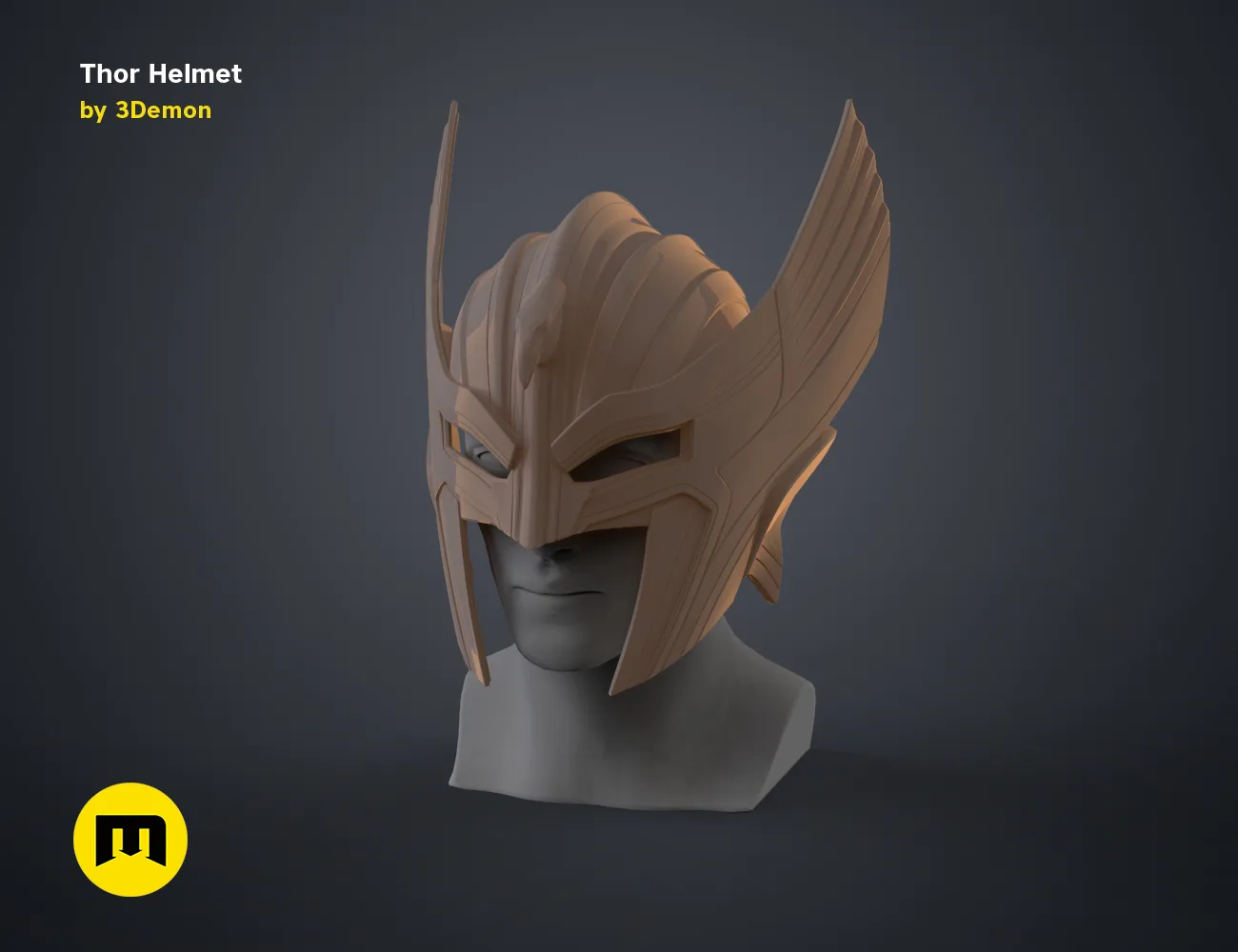 3D model render of Thor Helmet (Love and Thunder), gold-toned wings and faceplate, Marvel cosplay prop