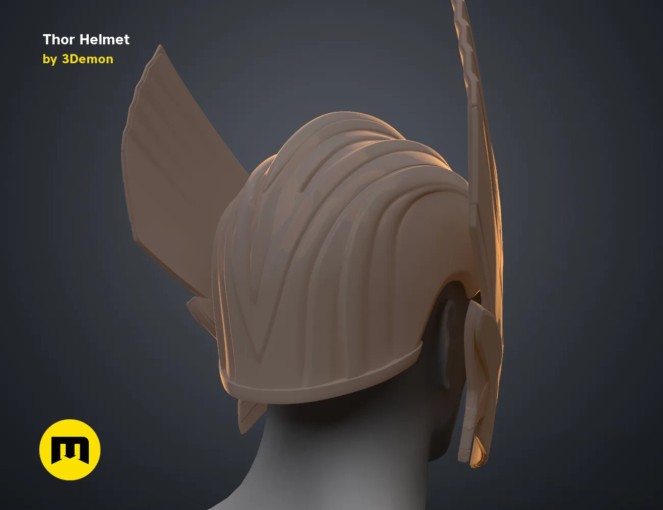 3D model render of Thor Helmet (Love and Thunder), side view with winged design, 3D print cosplay prop
