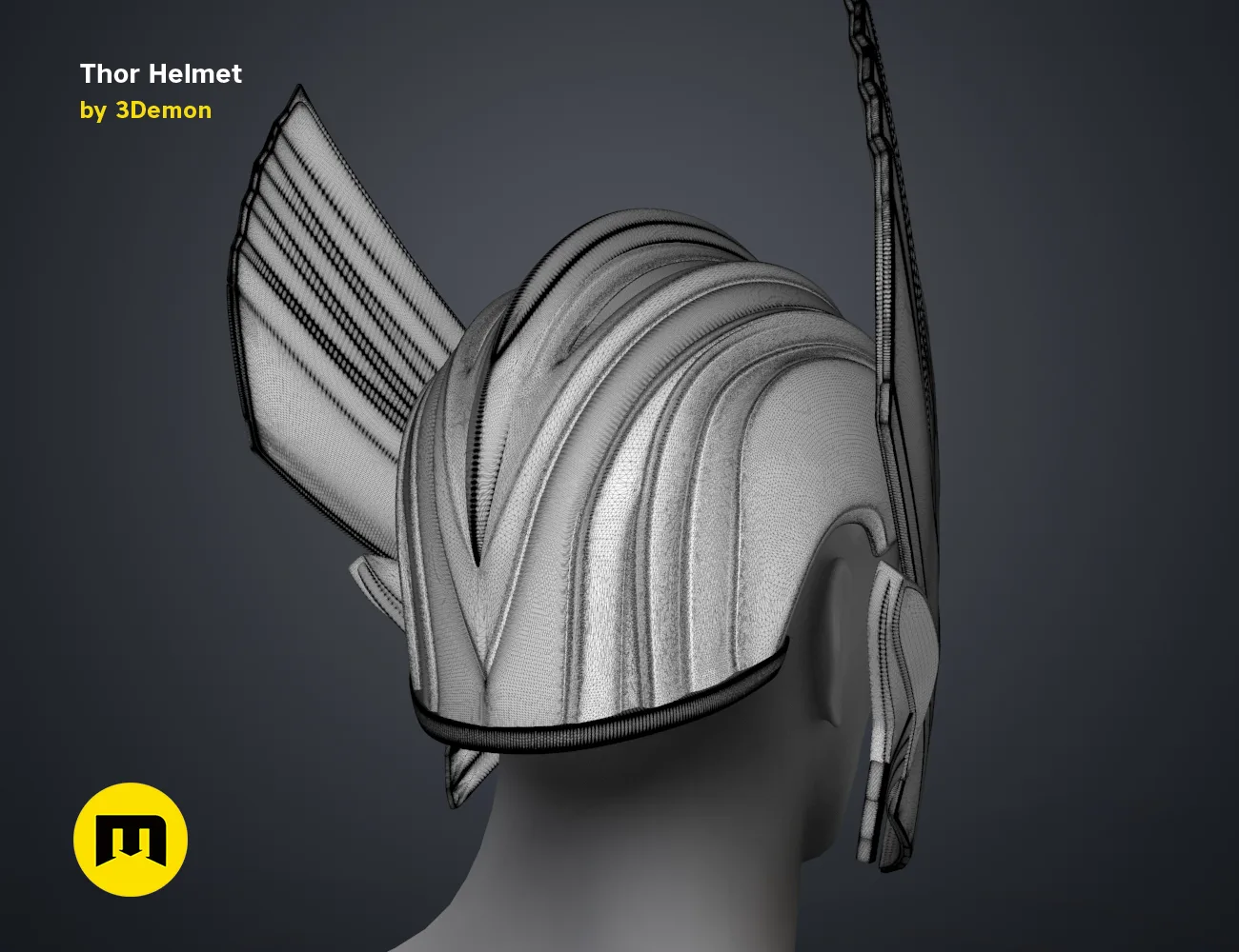 Wireframe mesh render of Thor Helmet (Love and Thunder) STL, side view mesh topology, 3D print cosplay prop