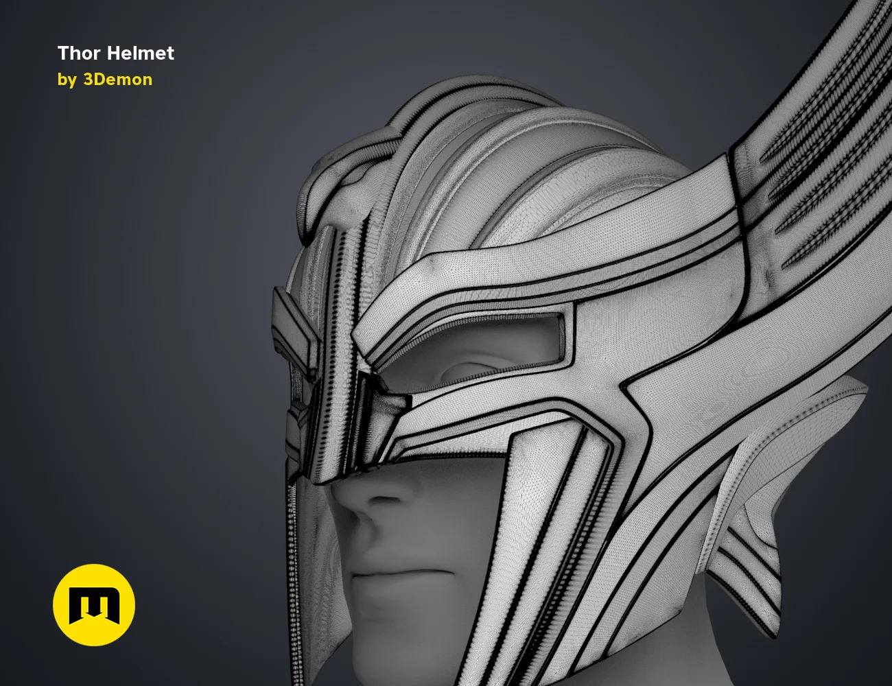 3D model render of Thor Helmet Love and Thunder, side view with winged detail, 3D print cosplay prop
