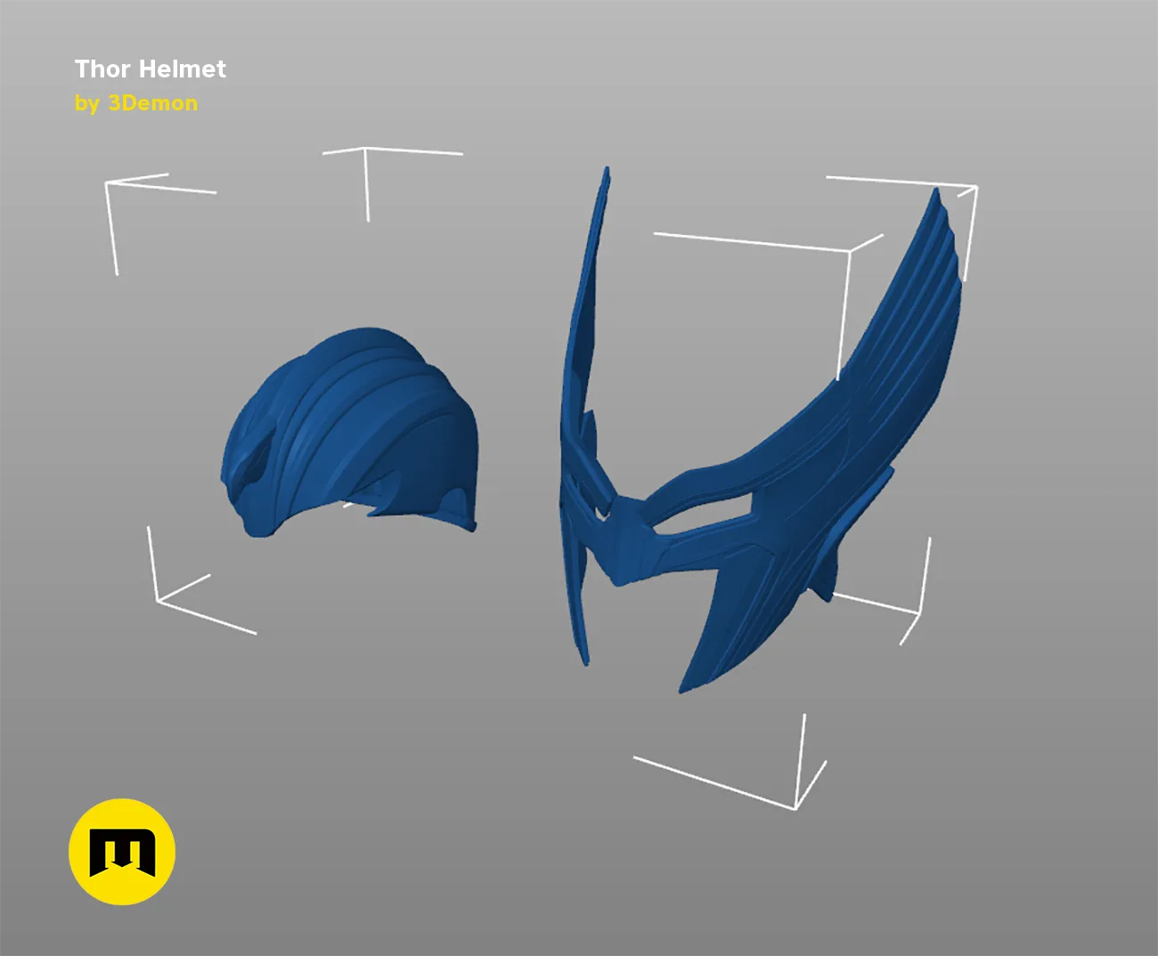 3D model render of Thor Helmet (Love and Thunder), side and top view, 3D print cosplay prop