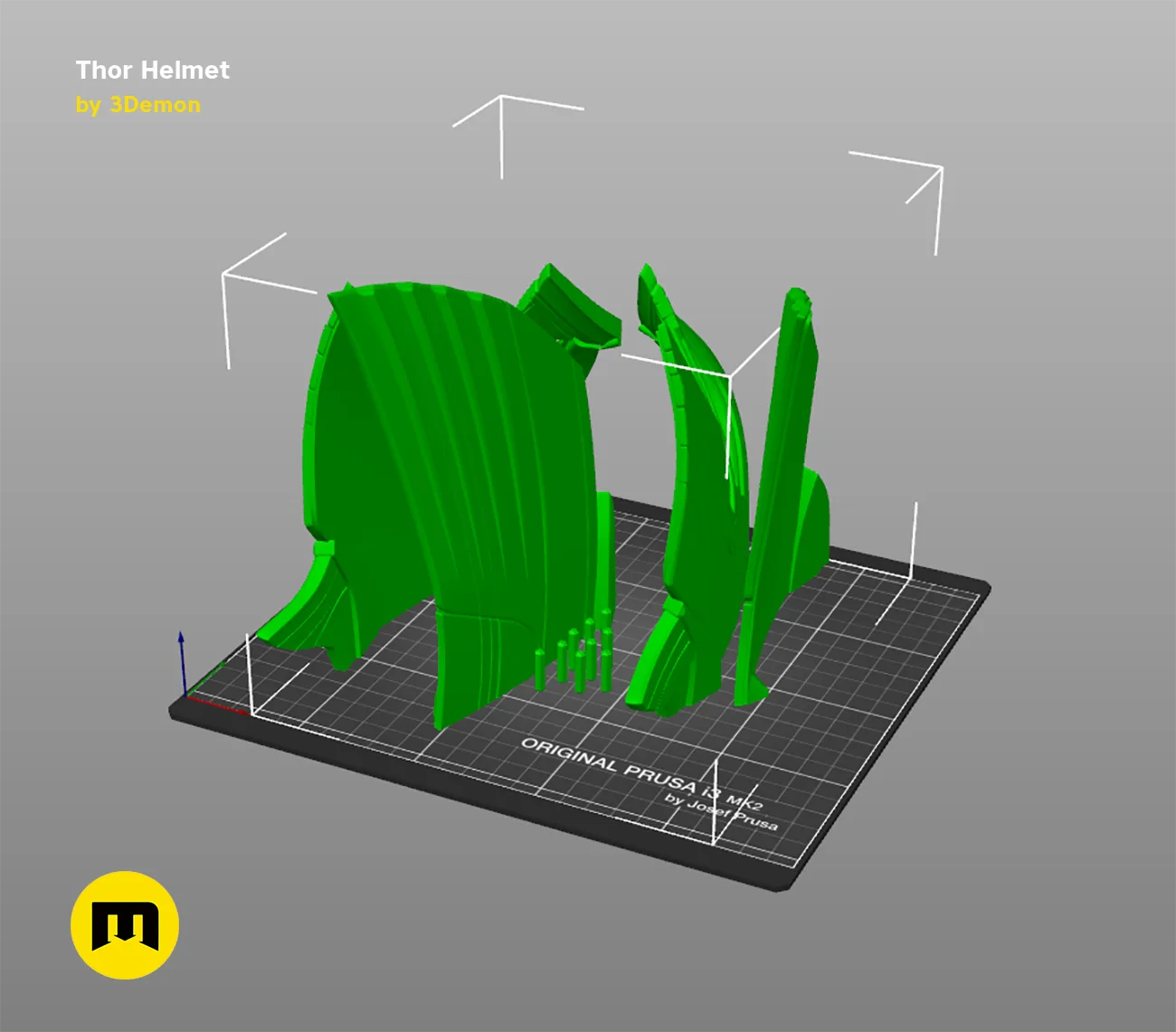 Slicer screenshot of Thor Helmet (Love and Thunder) STL, green parts on Original Prusa print bed