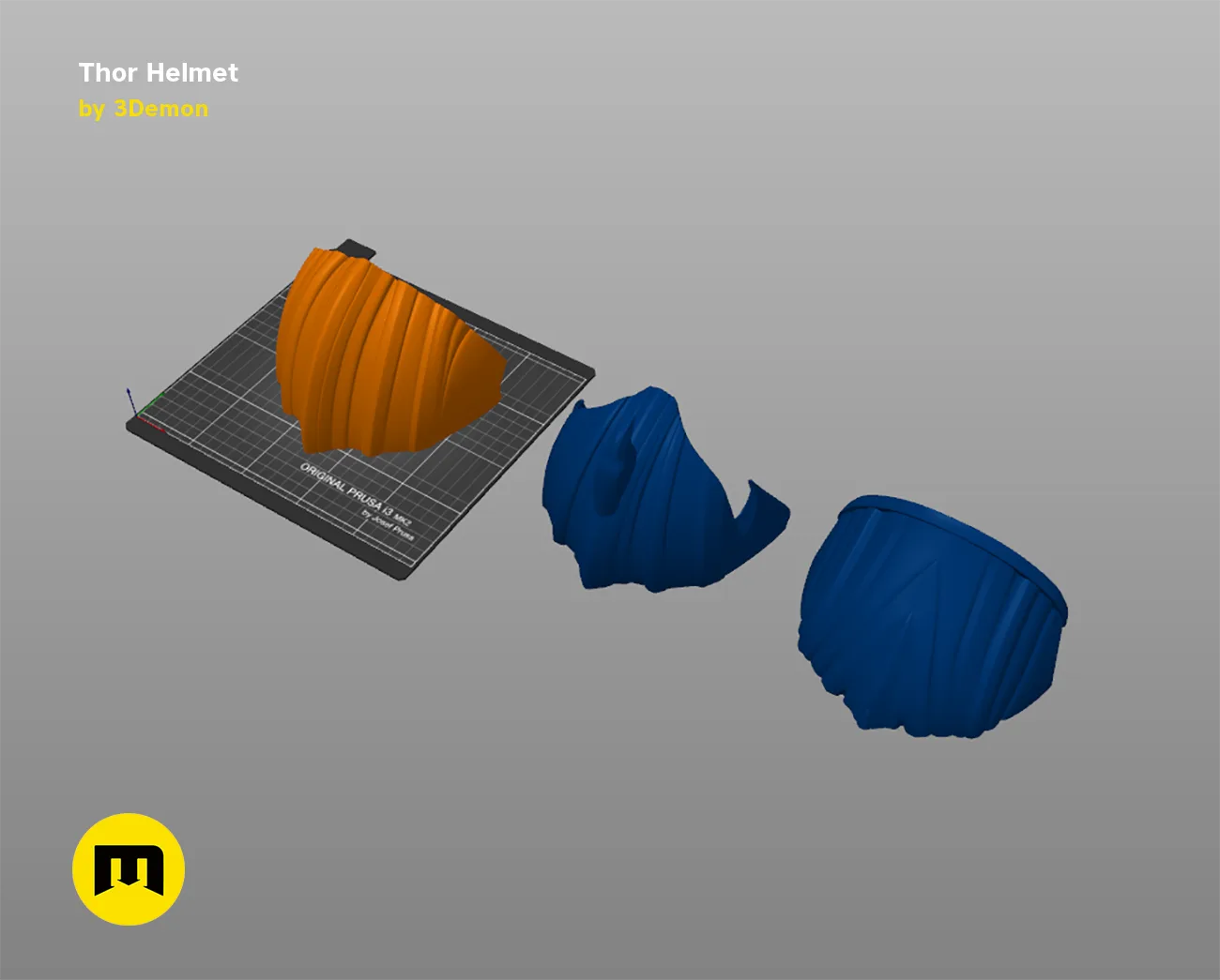 Slicer screenshot of Thor Helmet (Love and Thunder) STL, orange and blue parts on Prusa print bed