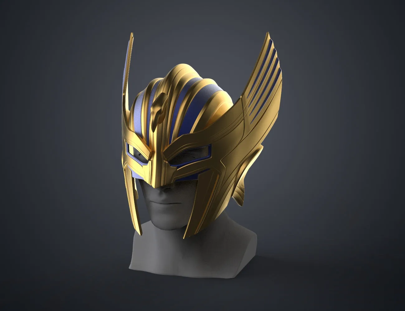3D model render of Thor Helmet (Love and Thunder), golden winged armor, 3D print cosplay prop