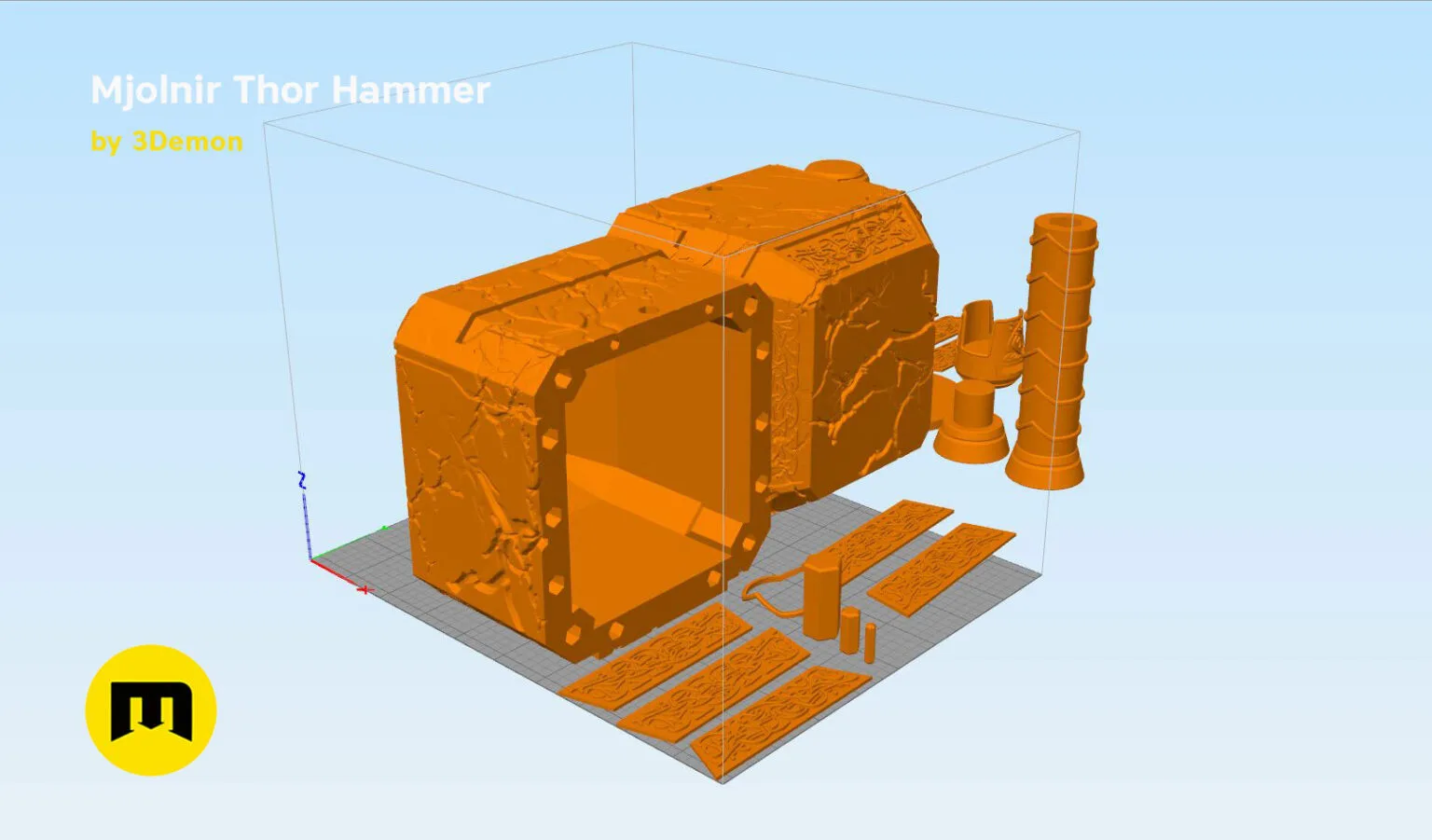 Color-coded parts breakdown of Mjolnir Thor Hammer STL, exploded view of Love and Thunder weapon assembly