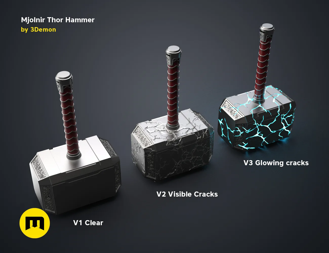 3D visualization of Mjolnir Thor Hammer, glowing cracks version, Love and Thunder 3D print cosplay prop