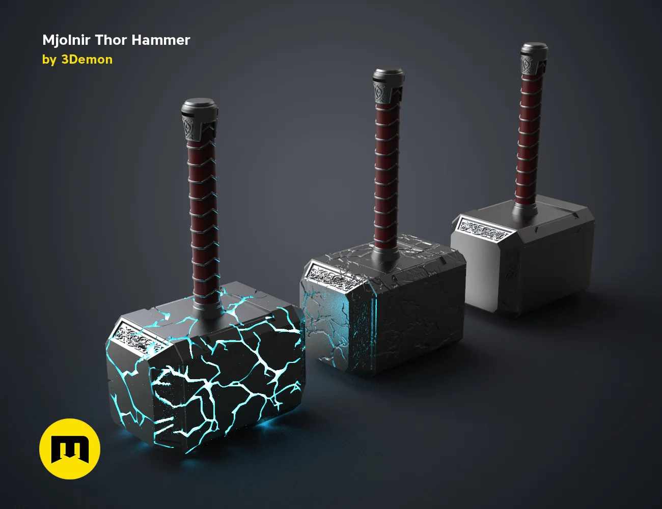 3D visualization of Mjolnir Thor Hammer, cracked lightning design, Marvel 3D print cosplay prop