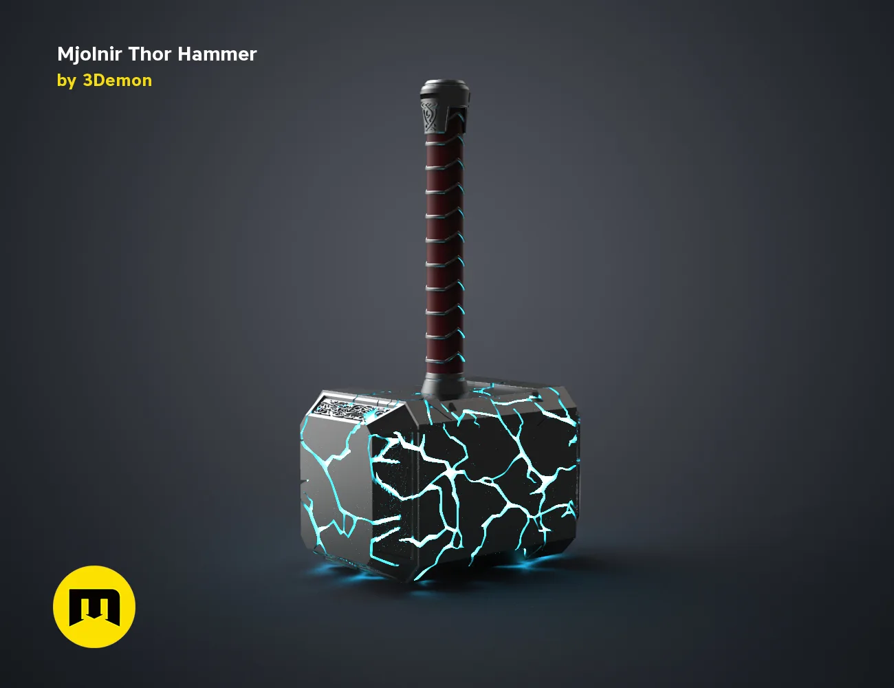 3D model render of Mjolnir Thor Hammer, cracked lightning design, Marvel 3D print cosplay prop
