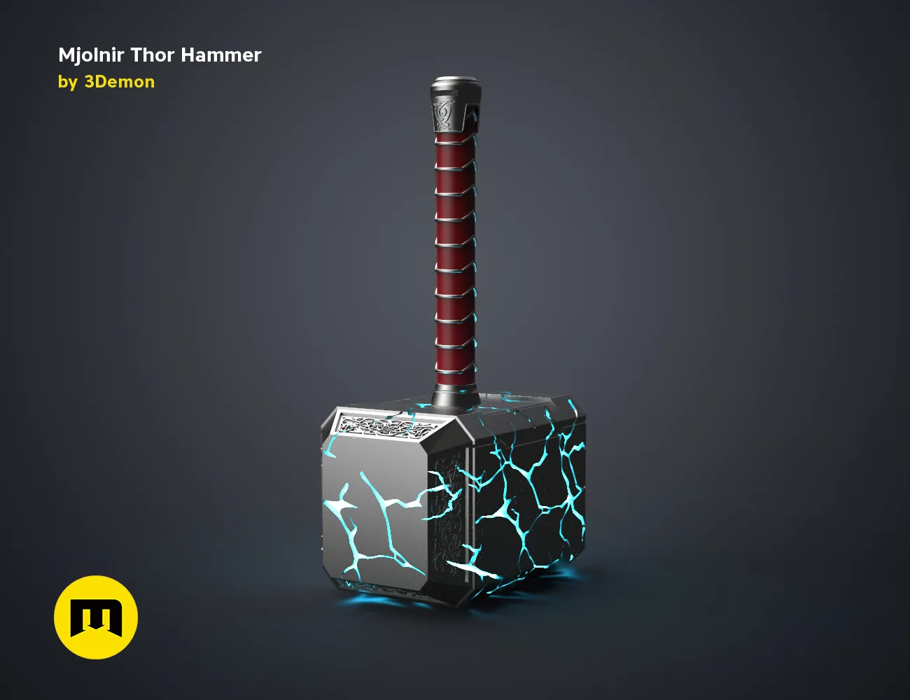 3D model render of Mjolnir Thor Hammer, Love and Thunder, crackling energy effect, 3D print cosplay prop