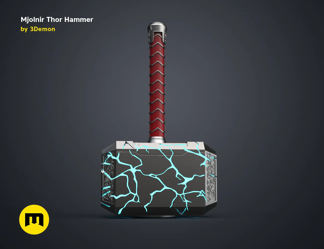 3D model render of Mjolnir Thor Hammer, red handle with lightning-cracked head, Marvel 3D print cosplay prop
