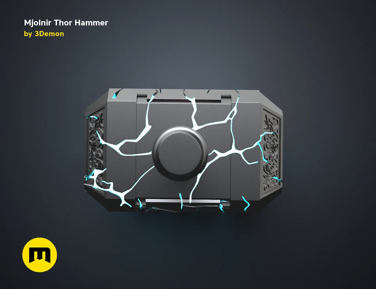 3D model render of Mjolnir Thor Hammer, cracked metallic surface with intricate engravings, 3D print cosplay prop