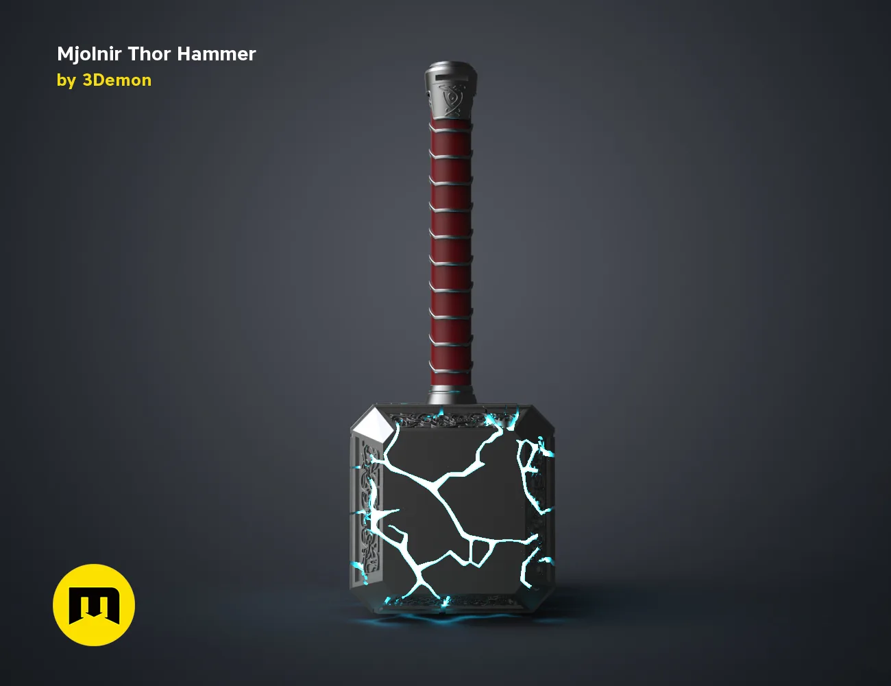 3D model render of Mjolnir Thor Hammer, cracked metallic head with glowing blue lightning, Marvel cosplay prop.