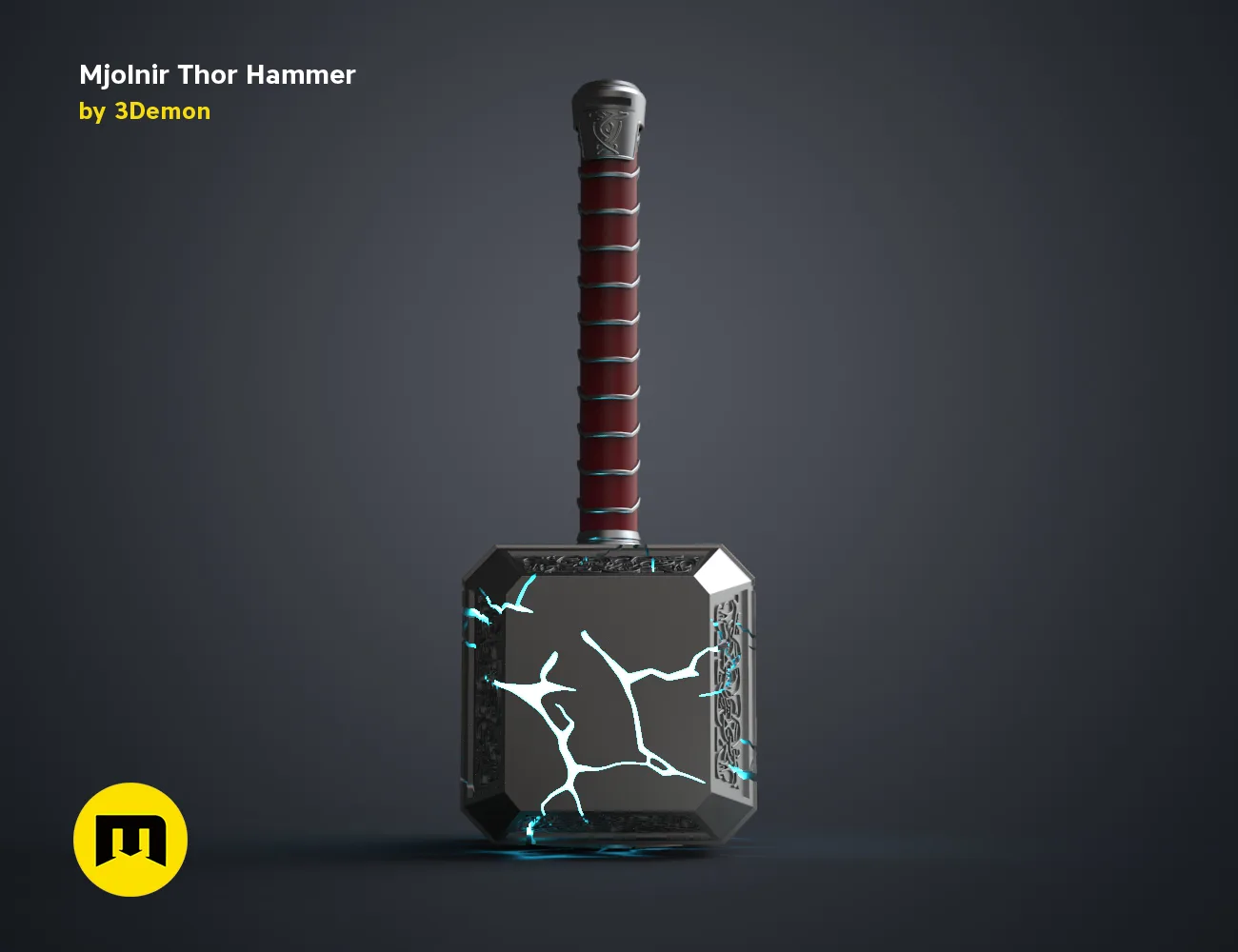 3D model render of Mjolnir Thor Hammer, cracked lightning design, Marvel 3D print cosplay prop