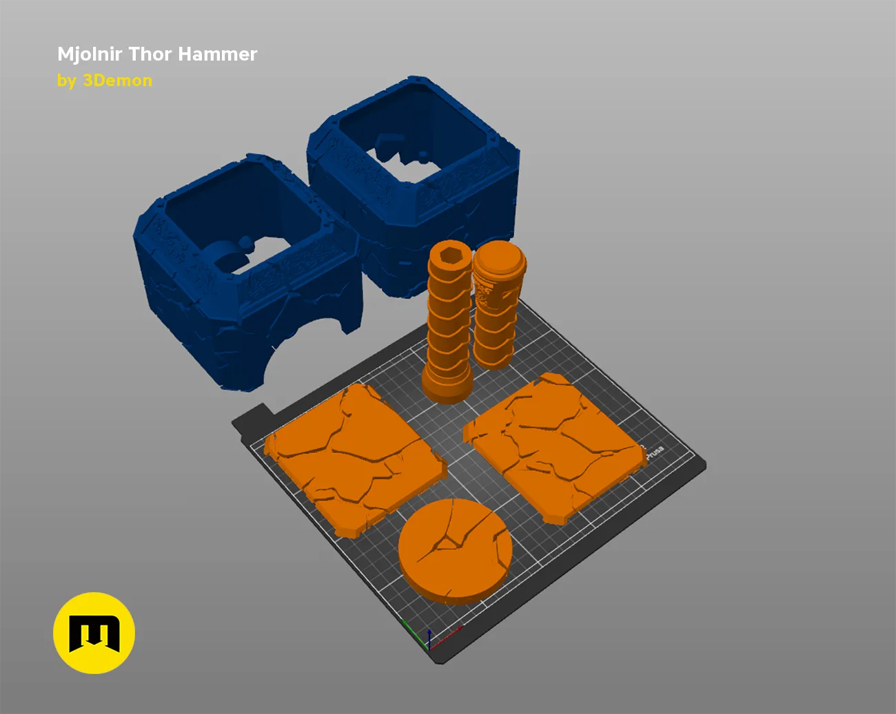 Exploded view of Mjolnir Thor Hammer STL, color-coded parts breakdown for 3D print cosplay prop