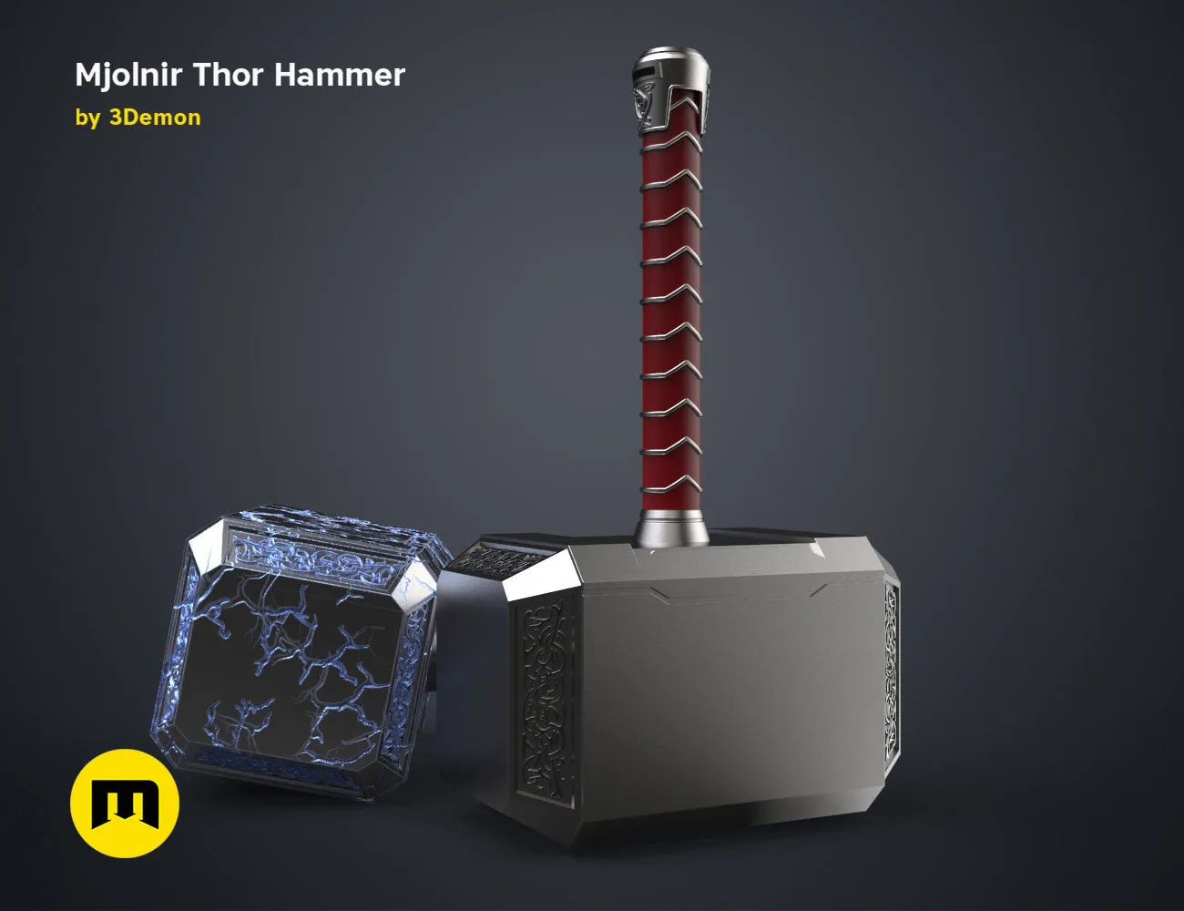 Mjolnir Thor Hammer STL, grey metallic head with red leather-wrapped handle, 3D print cosplay prop