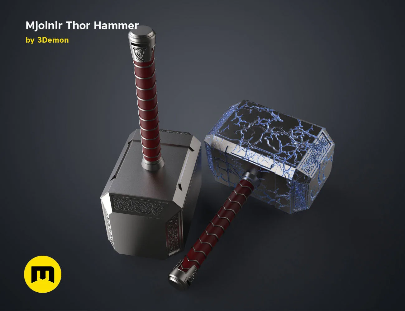 3D model render of Mjolnir Thor Hammer, "Love and Thunder" weapon, metallic and leather 3D print cosplay prop