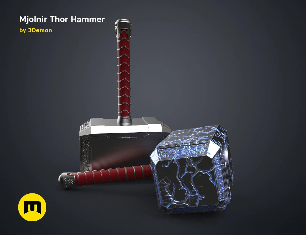 3D model render of Mjolnir Thor Hammer, "Love and Thunder" weapon, metallic and red grip, 3D print cosplay prop
