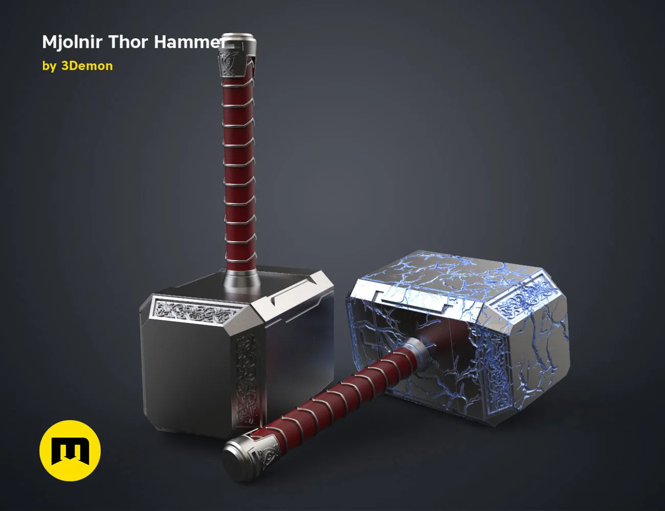 3D visualization of Mjolnir Thor Hammer, Love and Thunder, metallic and leather 3D print cosplay prop
