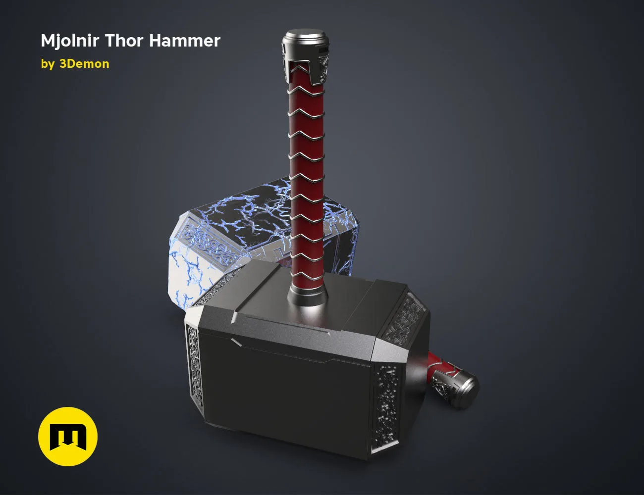 3D model render of Mjolnir Thor Hammer, Love and Thunder, detailed lightning texture, 3D print cosplay prop