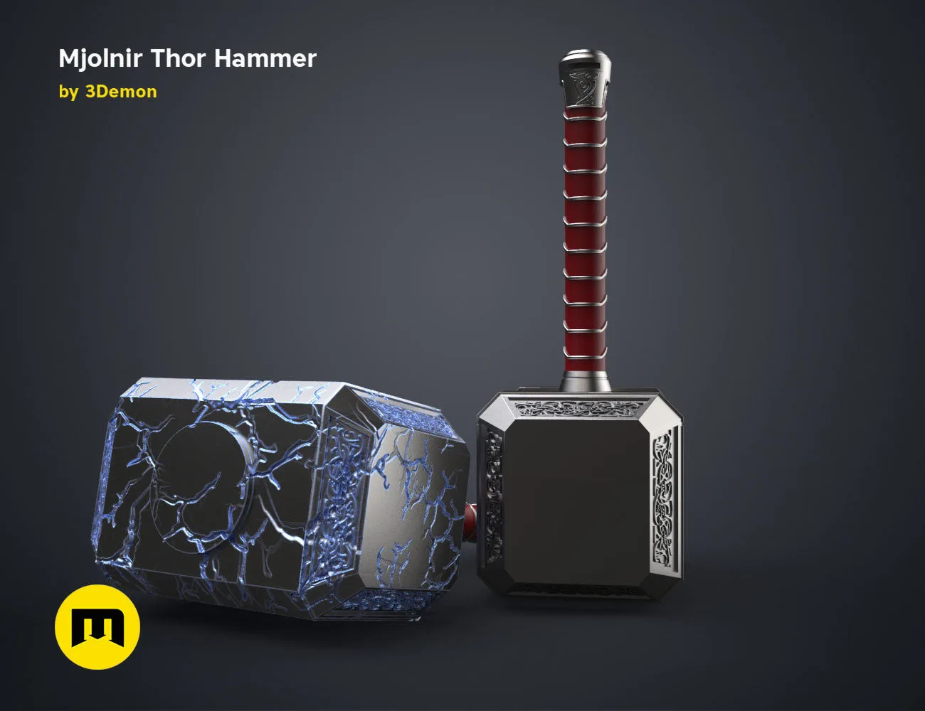 Mjolnir Thor Hammer STL, Love and Thunder, detailed 3D print cosplay weapon with runic head
