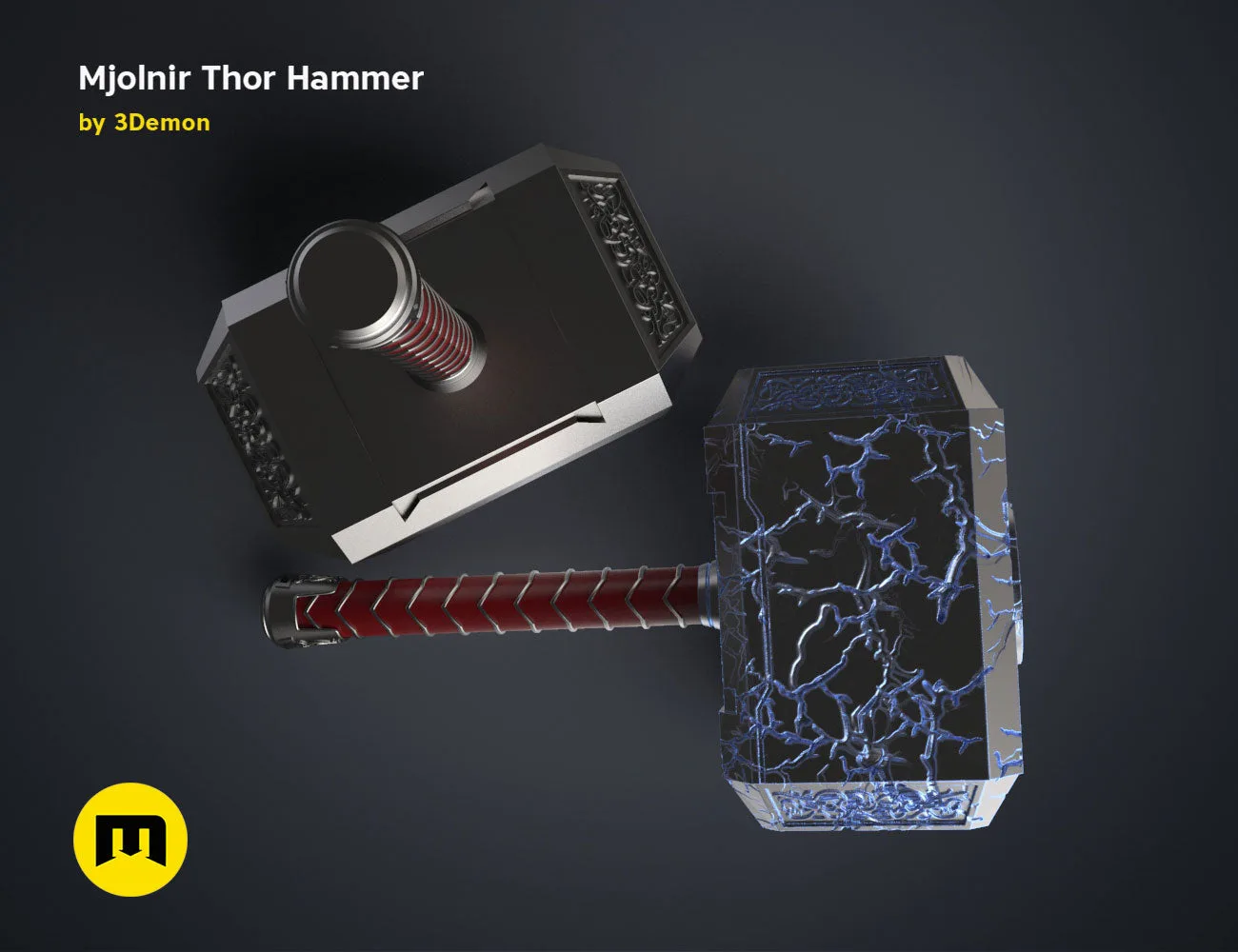 Mjolnir Thor Hammer STL, blue lightning crackle head with red leather-wrapped handle, Marvel 3D print cosplay prop