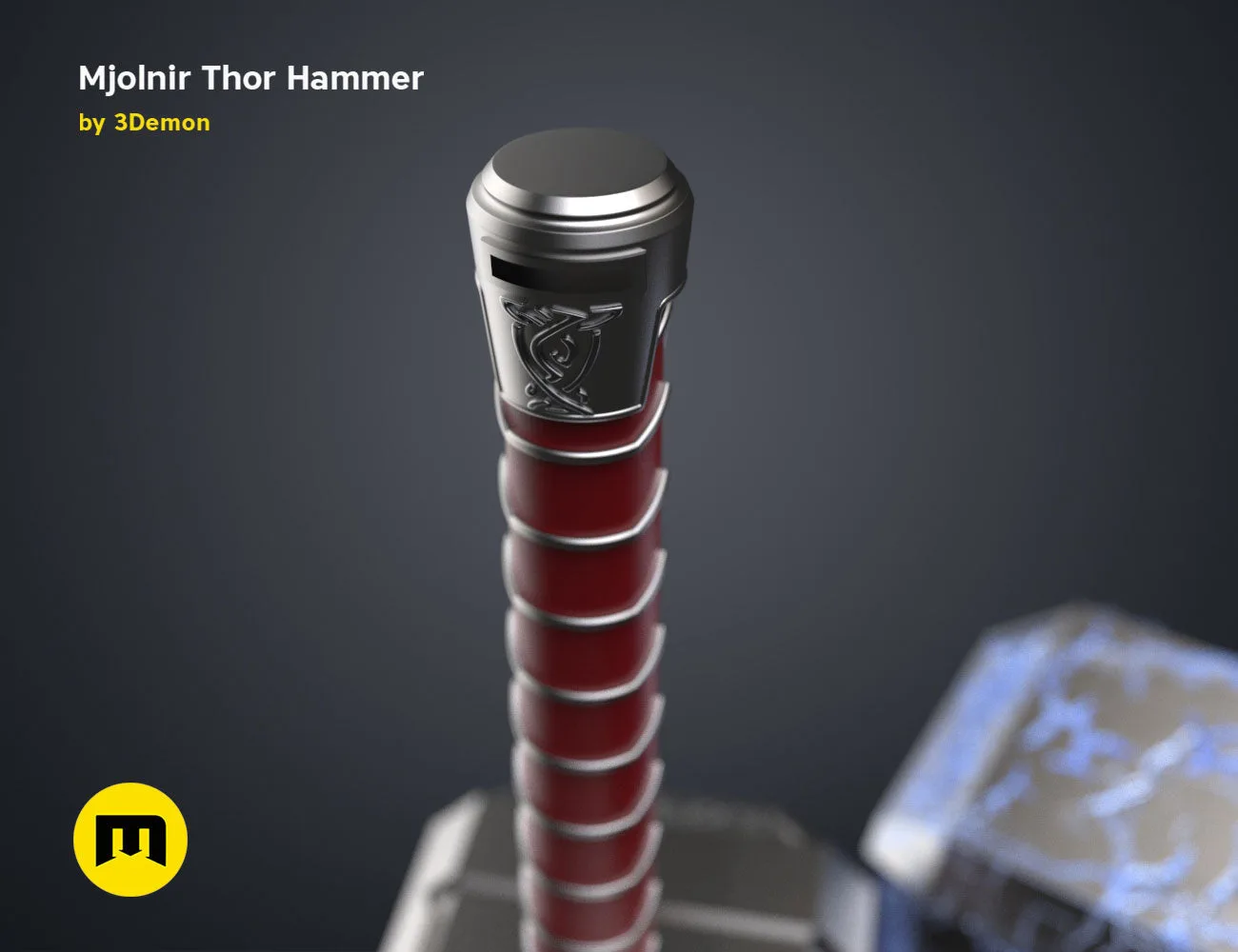 3D model render of Mjolnir Thor Hammer, red and silver Marvel cosplay prop, Love and Thunder