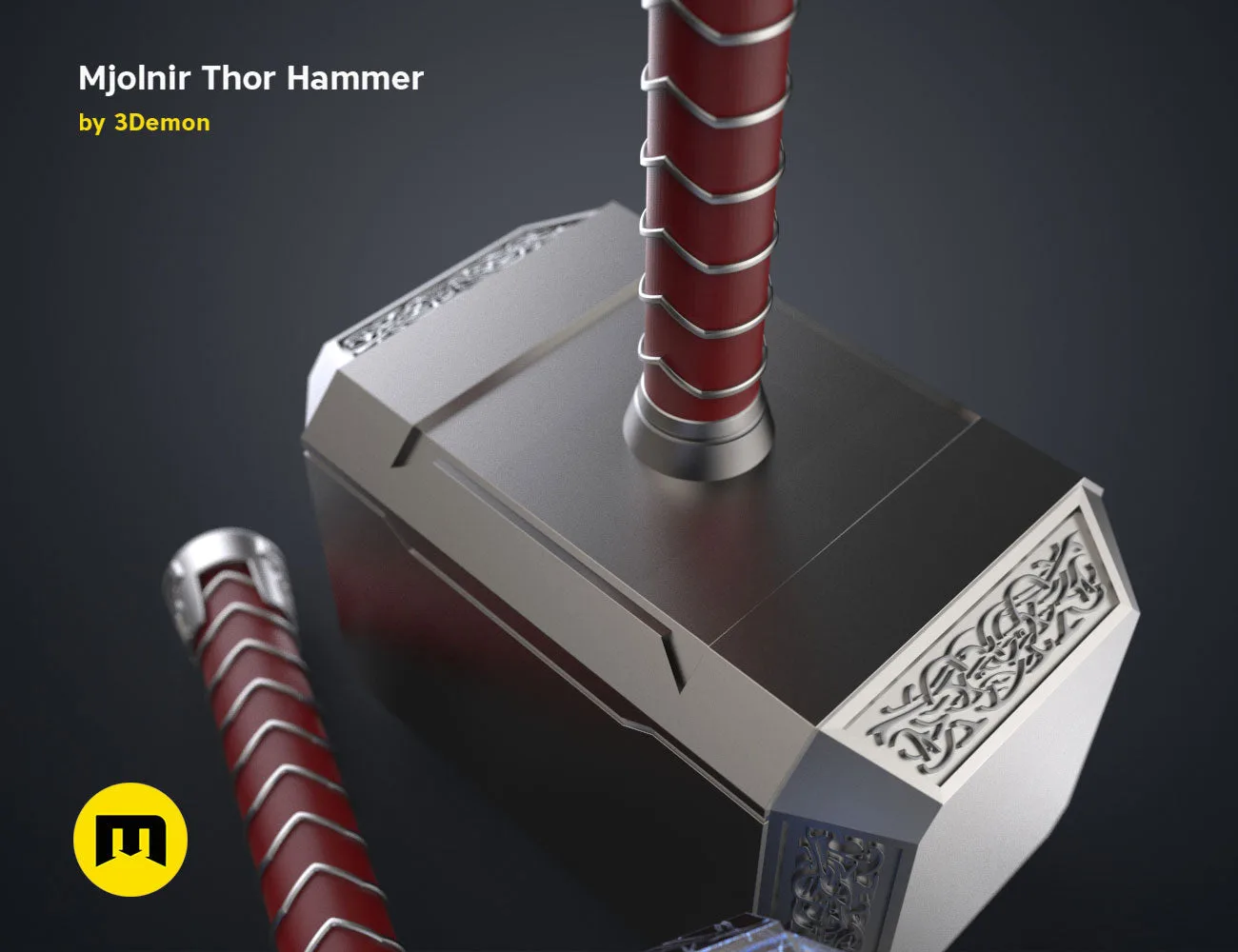 3D model render of Mjolnir Thor Hammer, Love and Thunder, detailed handle and head, 3D print cosplay weapon
