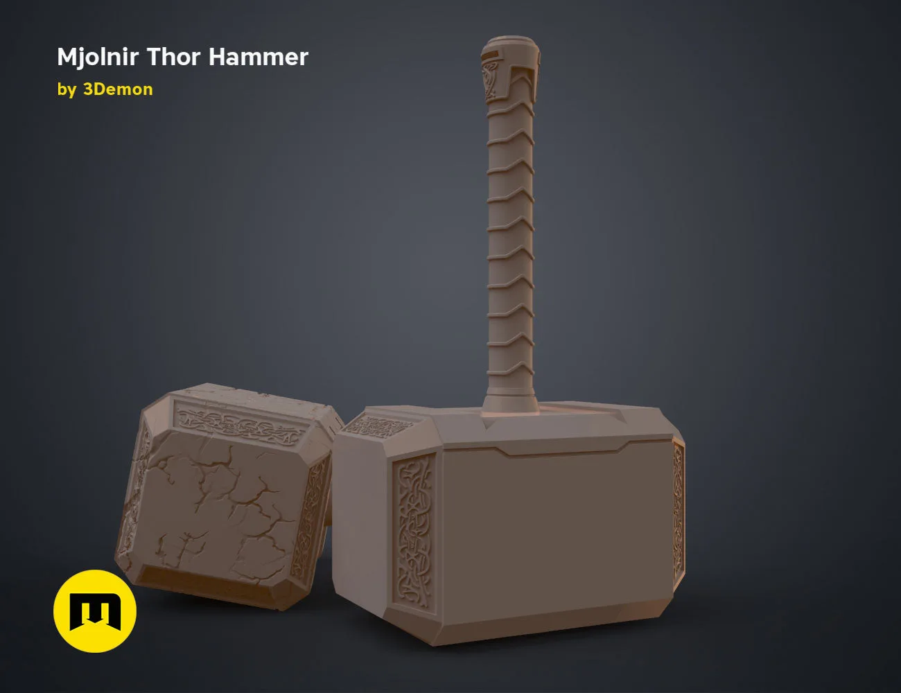 3D visualization of Mjolnir Thor Hammer, Love and Thunder weapon, detailed handle and head, 3D print cosplay prop