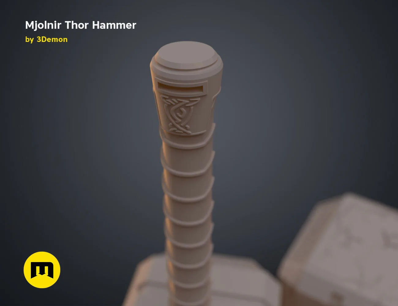 3D model render of Mjolnir Thor Hammer, Love and Thunder, detailed handle with runes, printable 3D weapon cosplay prop