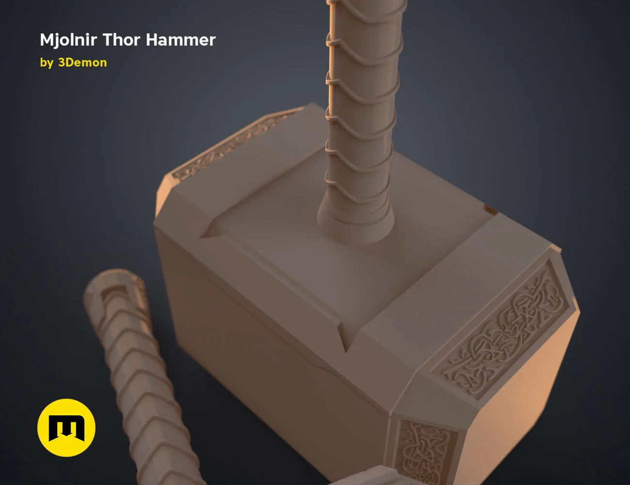 3D model render of Mjolnir Thor Hammer, detailed handle and head, printable 3D print cosplay prop