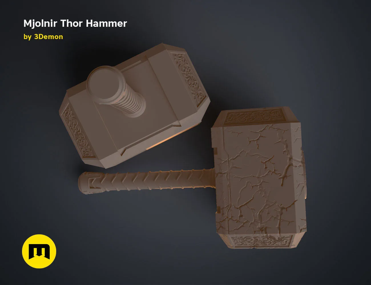 3D visualization of Mjolnir Thor Hammer, cracked head and textured handle, 3D print cosplay prop
