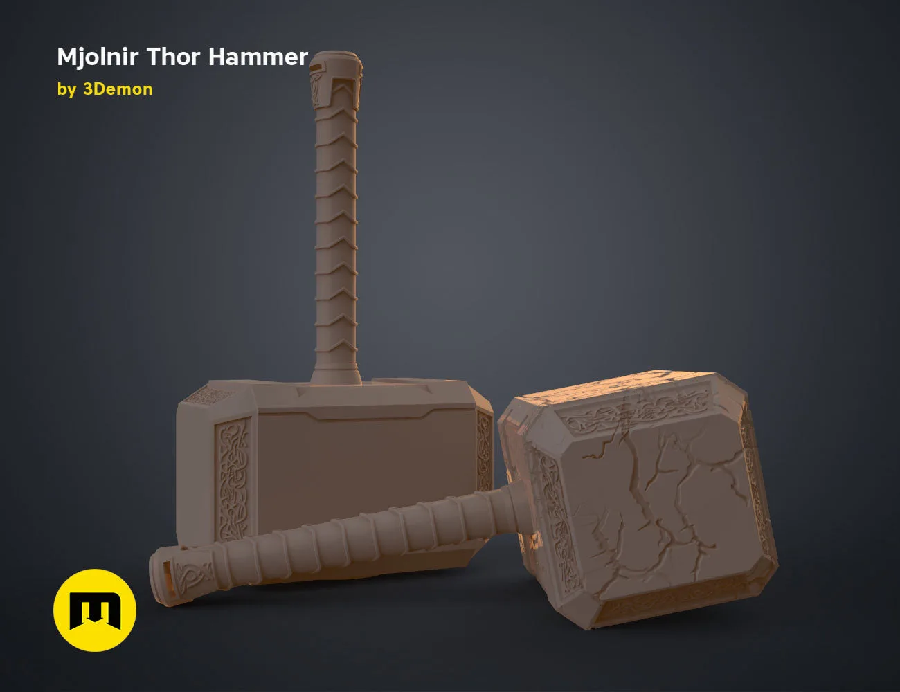 3D model render of Mjolnir Thor Hammer, detailed runes and handle, Love and Thunder 3D print cosplay prop