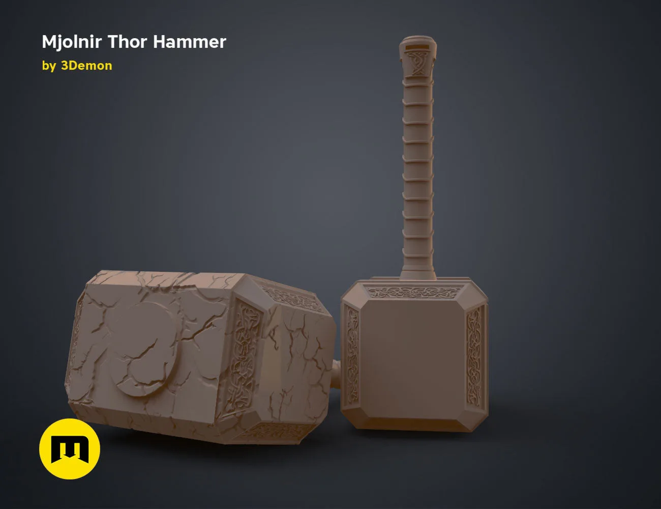 3D model render of Mjolnir Thor Hammer, detailed runic head and textured handle, 3D print cosplay prop