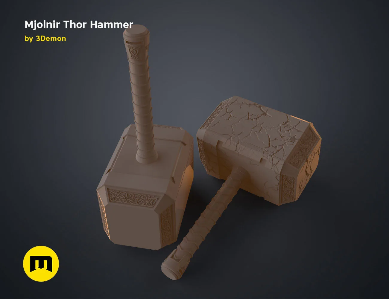 3D model render of Mjolnir Thor Hammer, detailed runic head and handle, printable 3D weapon cosplay prop