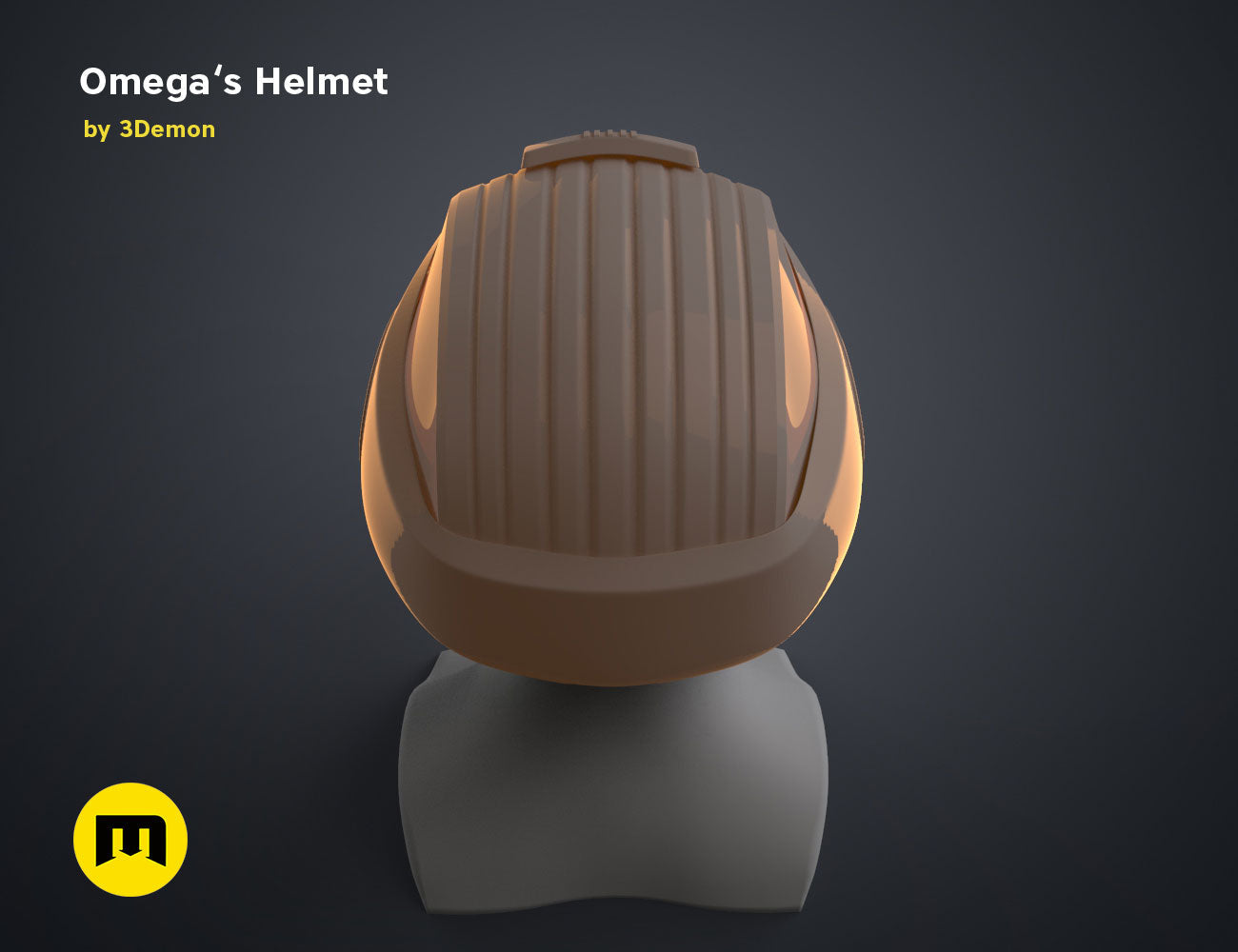 Digital 3D render of Omega’s Helmet – Bad Batch S2, ridged brown cosplay prop, 3D print