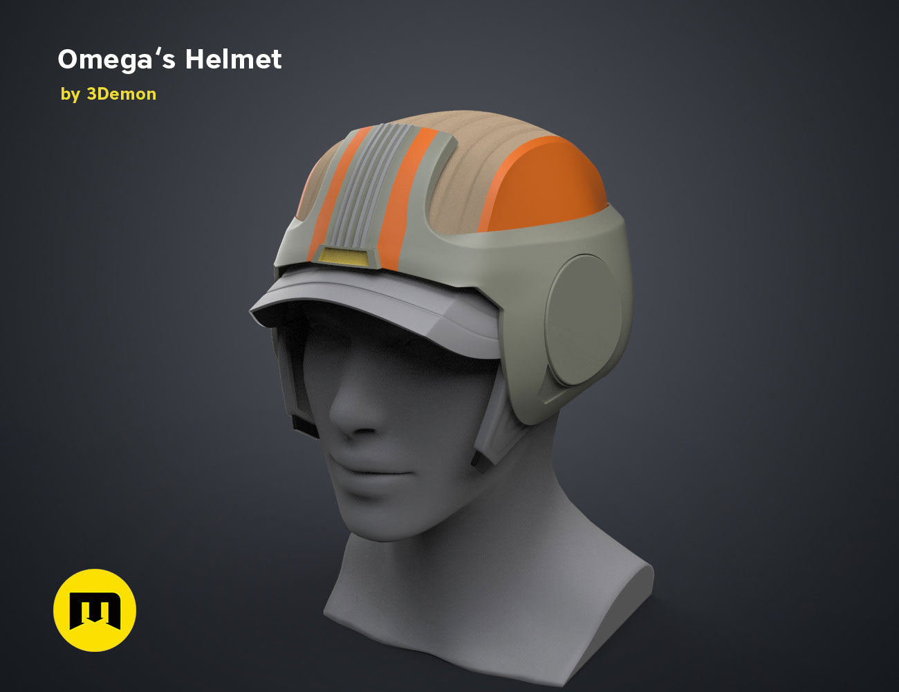 Digital 3D render of Omega’s Helmet – Bad Batch S2, olive and orange cosplay prop, 3D print.