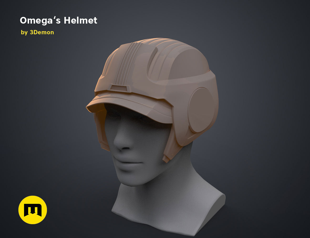 Digital 3D render of Omega’s Helmet – Bad Batch S2, sleek cosplay prop with side ear guard detail, 3D print.