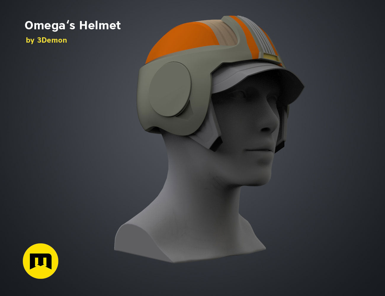Digital 3D render of Omega’s Helmet – Bad Batch S2, olive headgear with orange visor, 3D print cosplay prop