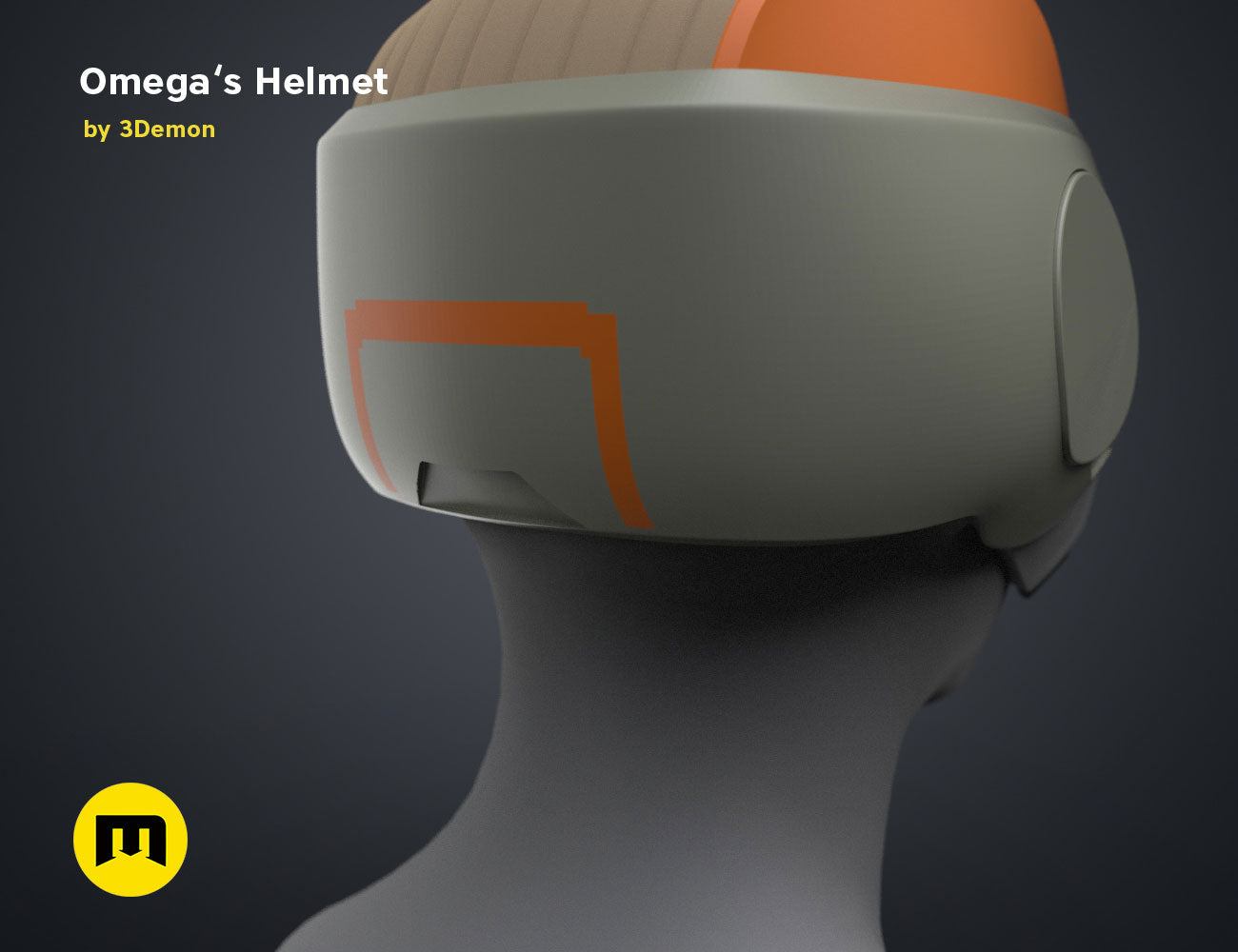Digital 3D render of Omega’s Helmet – Bad Batch S2, sleek grey cosplay prop with orange visor detail, 3D print.
