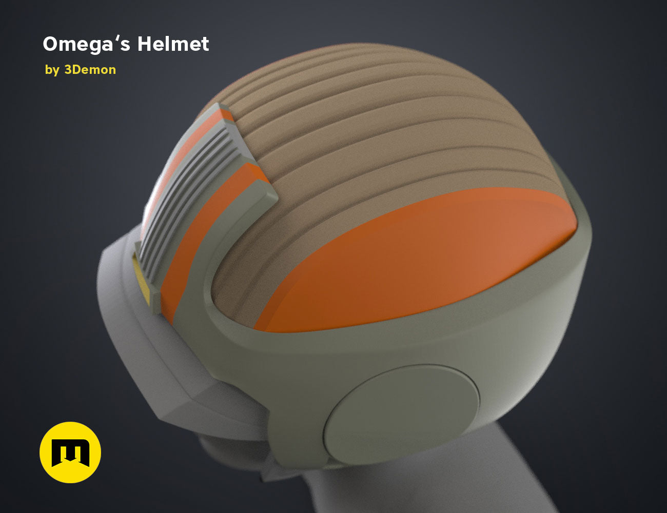 Textured 3D render of Omega’s Helmet – Bad Batch S2, tan and orange cosplay prop STL