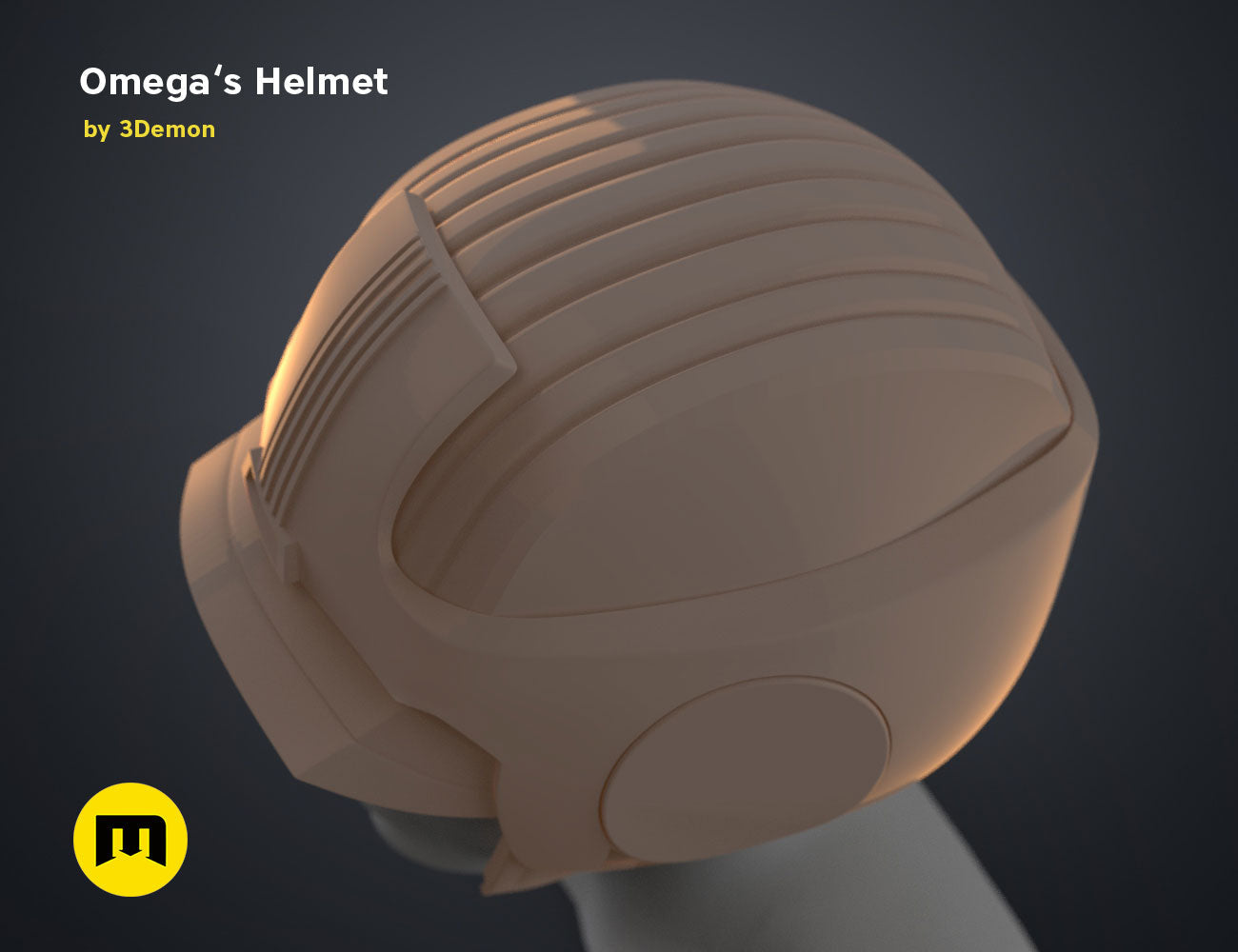 Digital 3D render of Omega’s Helmet – Bad Batch S2, sleek ridged sci-fi cosplay prop, 3D print.