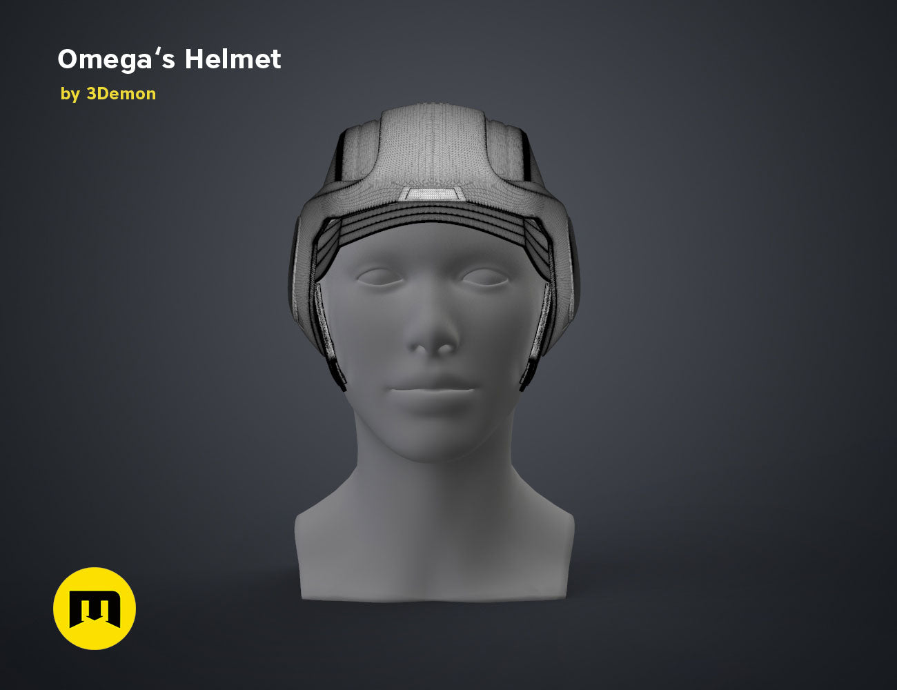 Digital 3D render of Omega’s Helmet – Bad Batch S2 cosplay prop, front view, 3D print STL