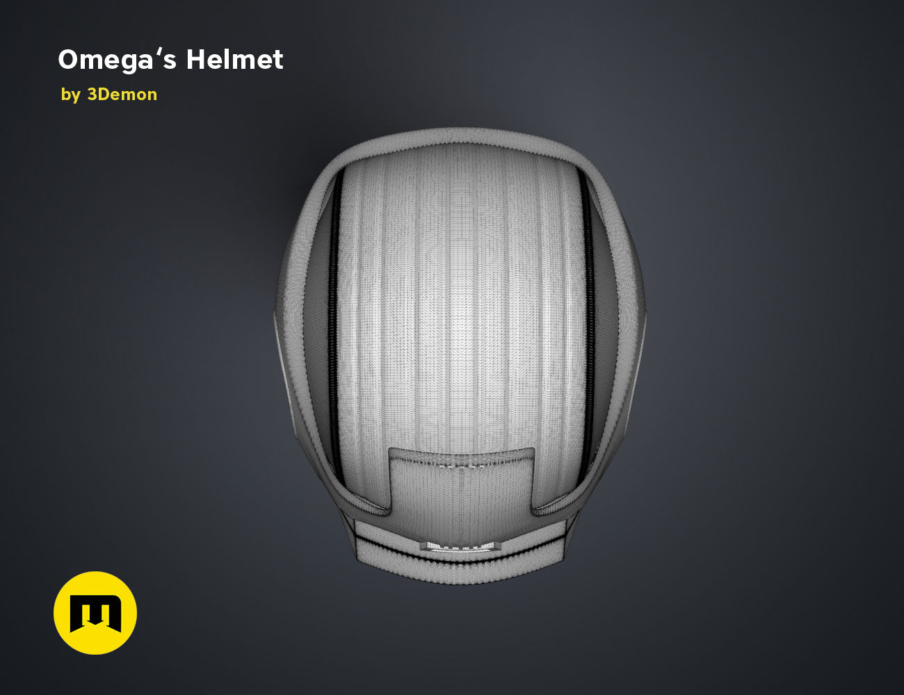 Wireframe mesh render of Omega's Helmet – Bad Batch S2 STL, front mesh topology, 3D print cosplay prop